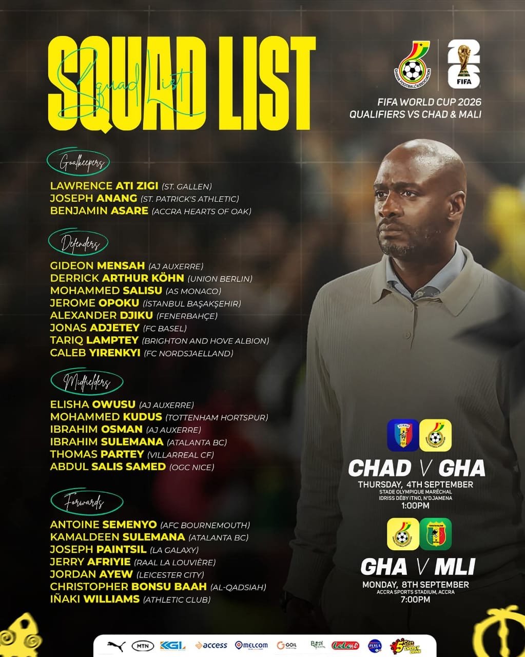 Otto Addo names squad for 2026 World Cup qualifiers against Chad and Mali
