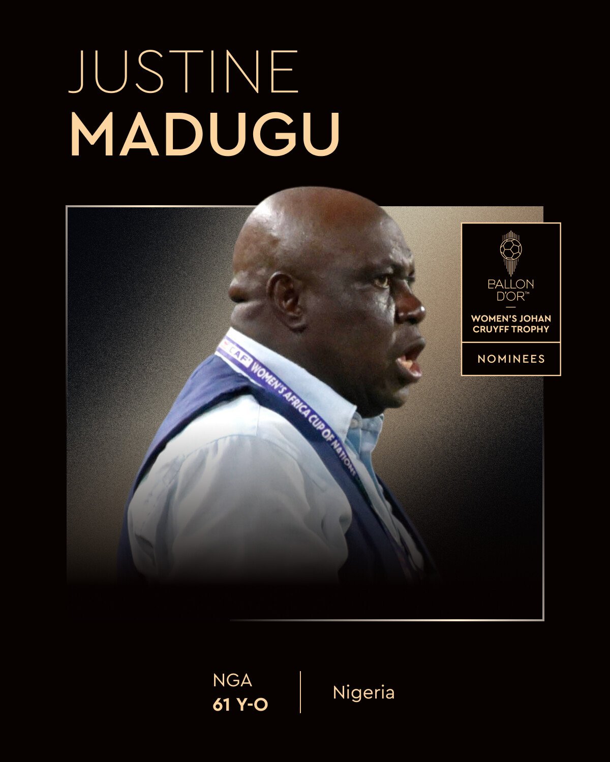 Nigeria coach Justine Madugu nominated for 2025 Women’s Team Coach of the Year trophy