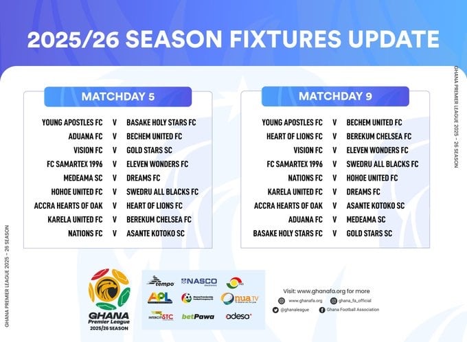 GFA reschedule 2025/26 GPL Matchdays 5 and 9