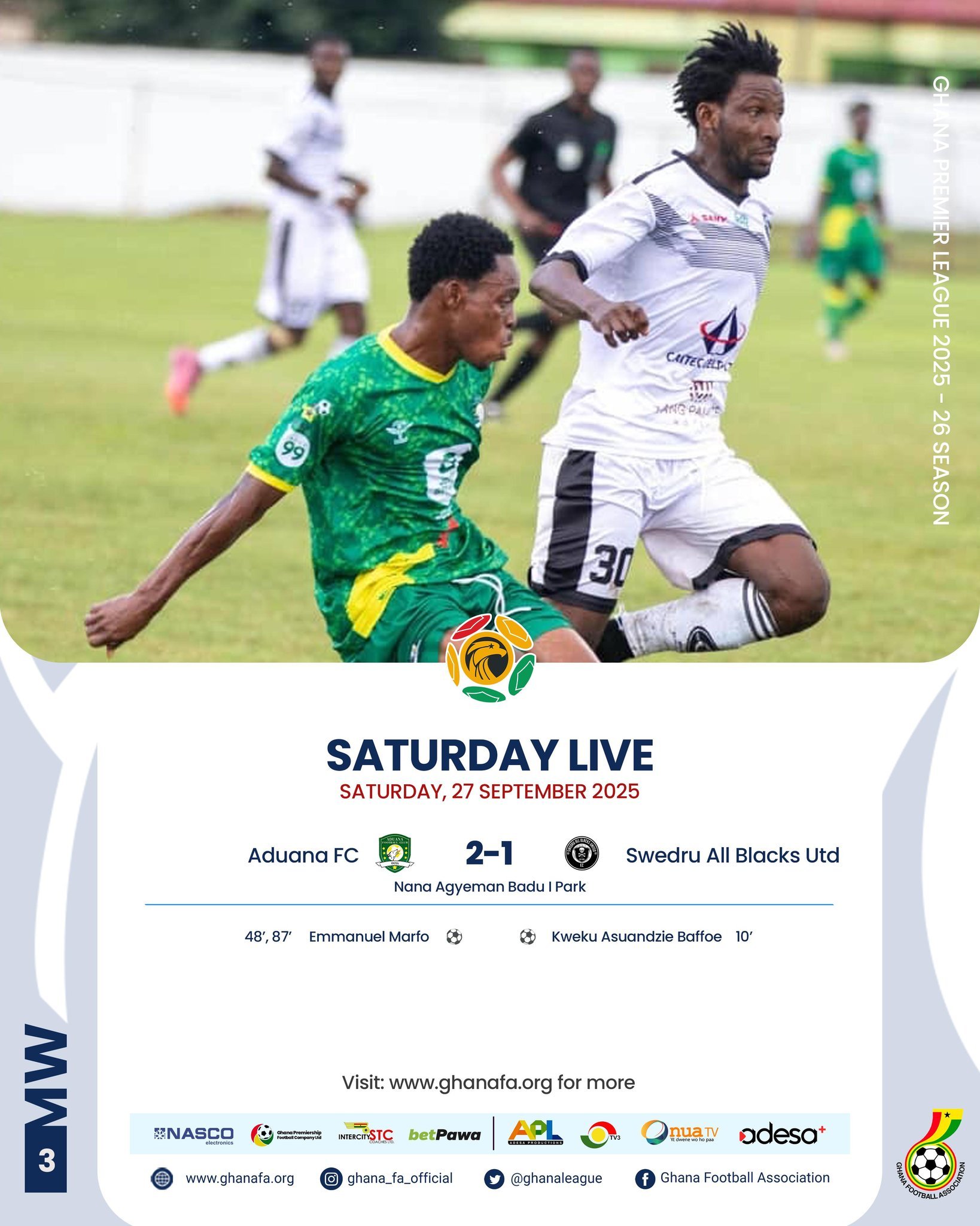 2025/26 GPL: Marfo’s second half double rescues Aduana against resilient All Blacks